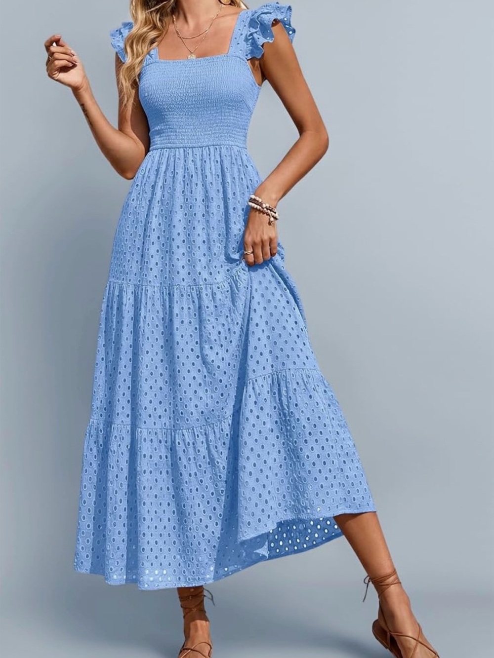PRETTY-GARDEN Square Neck Maxi Dress Cap Sleeve Eyelet Smocked Tiered SM - Picture 2 of 9